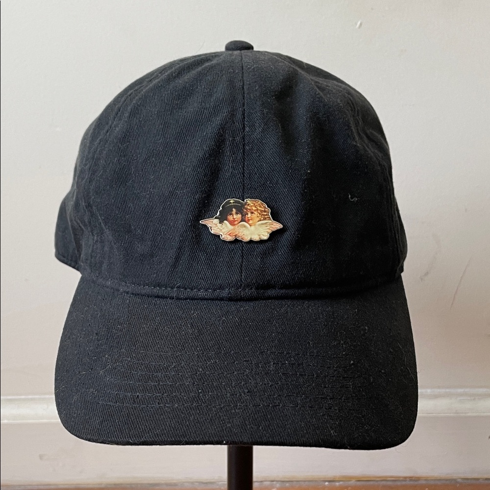 Fiorucci Black Cap with Angel pin bought in London! Strapback detail